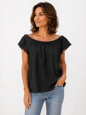 BUCKLEY K Black Off Shoulder Top w/Fringe Sleeves Size: XL